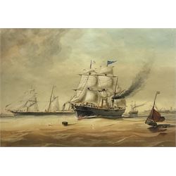 S H Wilson of Hull (British fl.1855-1880): 'S S Queen Victoria' in full steam and sail leaving the Port of Hull with Holy Trinity Church in the distance, watercolour signed 52cm x 77cm
Notes: although little is known about the artist's life, Wilson exhibited a depiction of H M S Monarch at the Royal Academy in 1870 and produced several important documentary pictures of Hull Shipping and the Port
