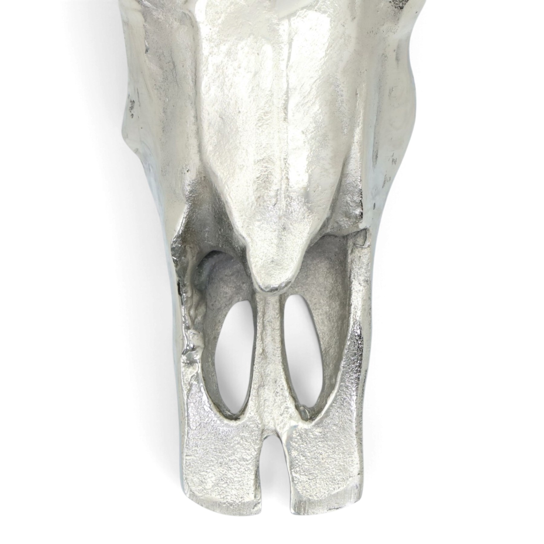 Contemporary cast metal bull skull wall ornament, polished silver finish with textured detailing and outstretched curved horns  