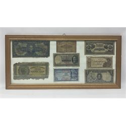 World banknotes including The Government Of The Straits Settlements one dollar 'J28 54342', The Japanese Government five dollars 'MR' etc, housed in two frames