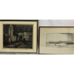 Alfred Bentley (British 1879-1923): Figures on Coast, etching signed together with Dutch School (19th/20th century): Figure in Alley at Night, etching indistinctly signed max 40cm x 49cm (2)