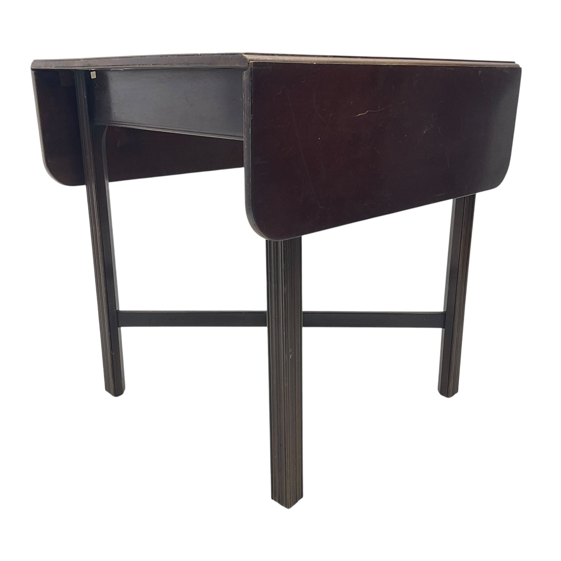 19th century mahogany drop-leaf occasional table, rectangular top with two drop leaves, raised on fluted supports united by X-stretcher