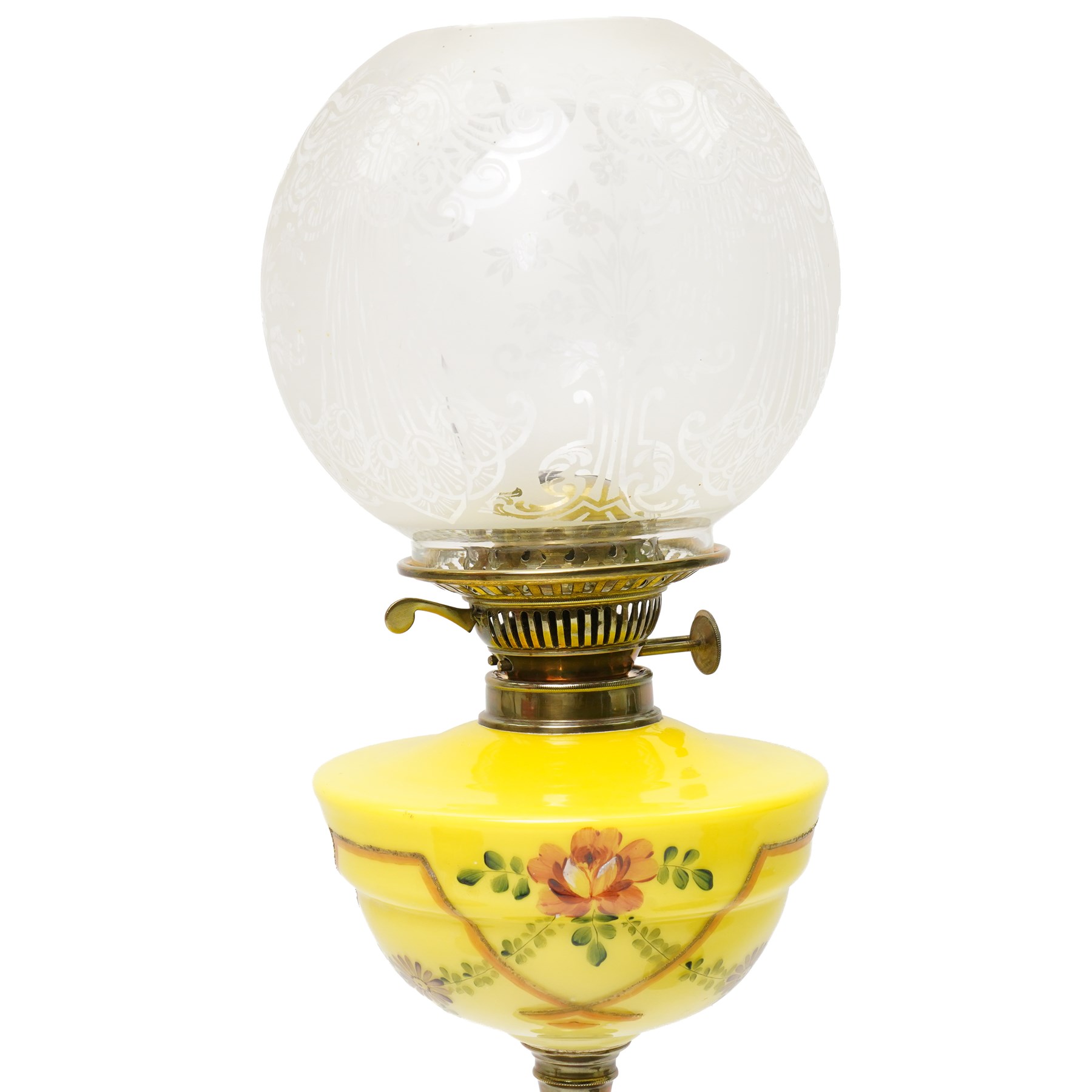 Victorian table oil lamp with floral painted yellow glass reservoir on brass column, another with cranberry glass reservoir and shade and another with painted green glass reservoir (3)