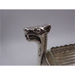Silver plated novelty sugar bowl, in the form of a viking longship, with clear glass liner, stamped Alpacca to base, H15.5cm