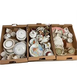 Four Friedel Bavaria figures, together with Royal Doulton Larchmont tea and dinner wares etc, in three boxes  