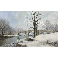 Stephen Maude (British 1919-): 'Barden Bridge Wharfedale in Winter', acrylic on canvas board signed, titled signed and dated 1983, 42cm x 67cm
