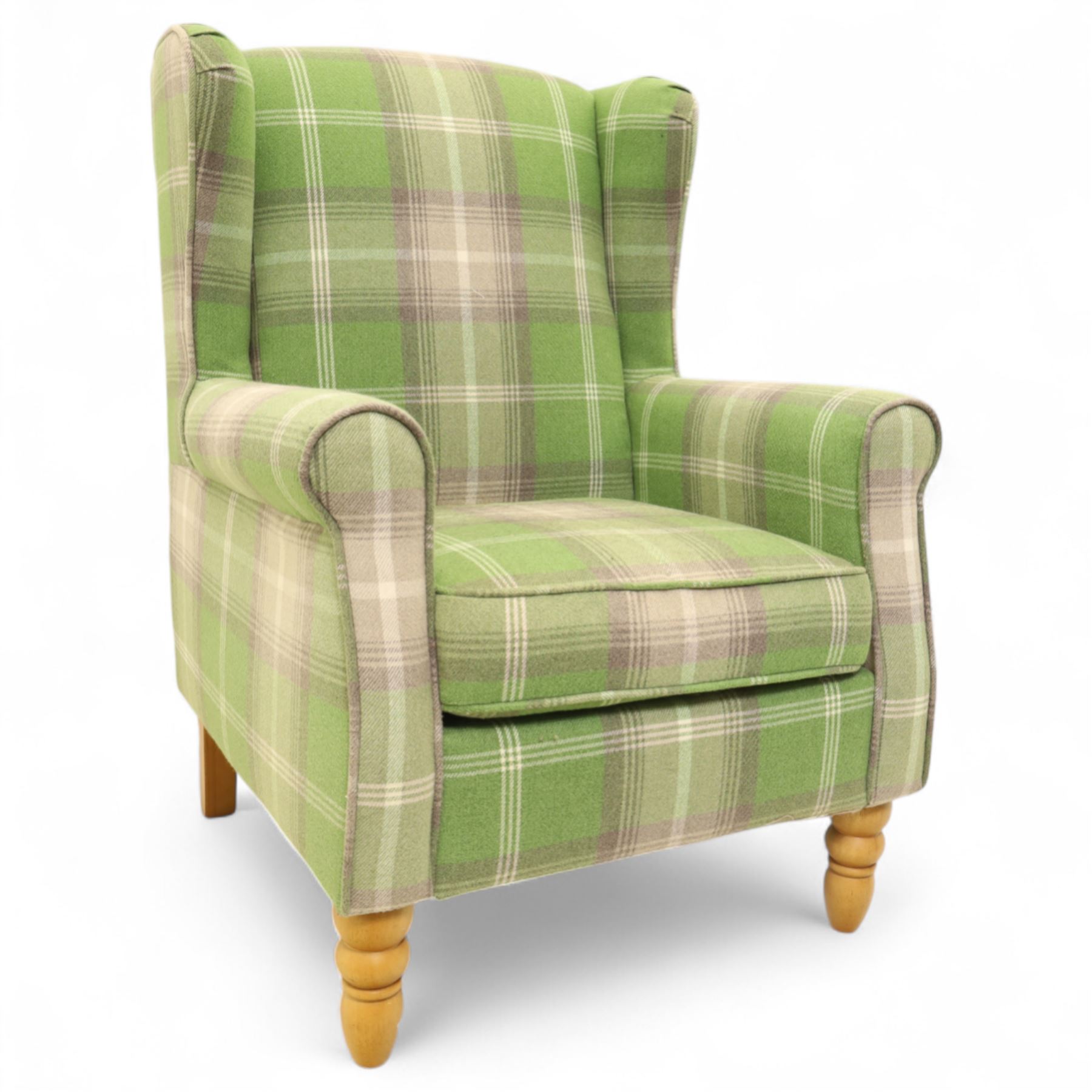 Contemporary green tartan upholstered wingback armchair, with scroll arms and loose seat cushion, raised on turned beech front supports with brass castors