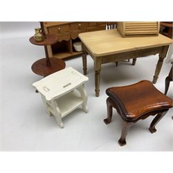 Doll's house wooden furniture - over twenty items including good quality pine Welsh dresser by Tony of Lincoln; tall 'glazed' bookcase; two-tier side cabinet; grand piano; bedside chest, mule chest, Canterbury; cradle; Georgian style hanging corner cupboard; dumb waiter; tables; chairs; rocking chair etc; various scales