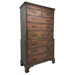 George III mahogany chest on chest, projecting cornice over plain frieze, fitted with two short and six long graduating cock-beaded drawers, on bracket feet