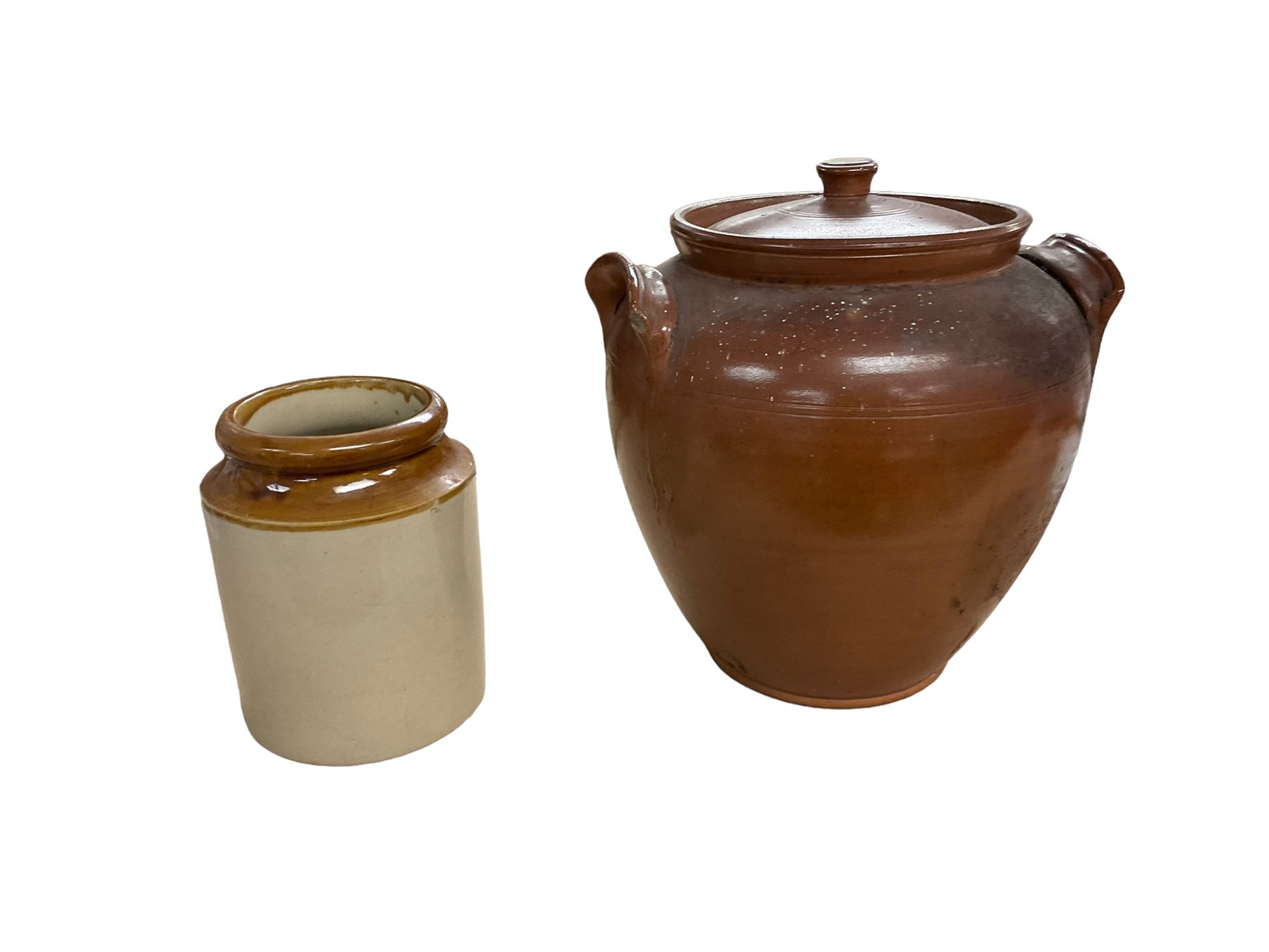 Large Victorian salt glazed jar and cover with twin lug type handles, together with a stoneware open jar, largest example H31.5cm