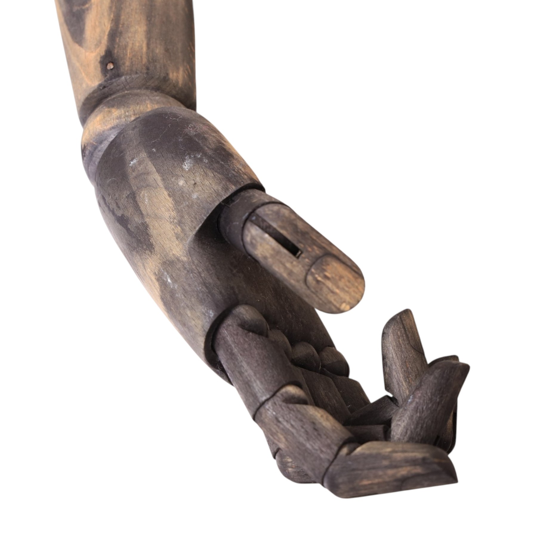 Male mannequin torso with fabric body and poseable wooden arms, on a square metal base