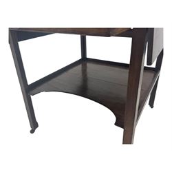 Georgian design mahogany drop-leaf table, rectangular top above a single drawer with brass handle, square supports united by arched undertier, on brass castors (W62cm, D65cm, H72cm); and a smaller mahogany drop-leaf table with single drawer on turned supports (W43cm, D61cm, H72cm)