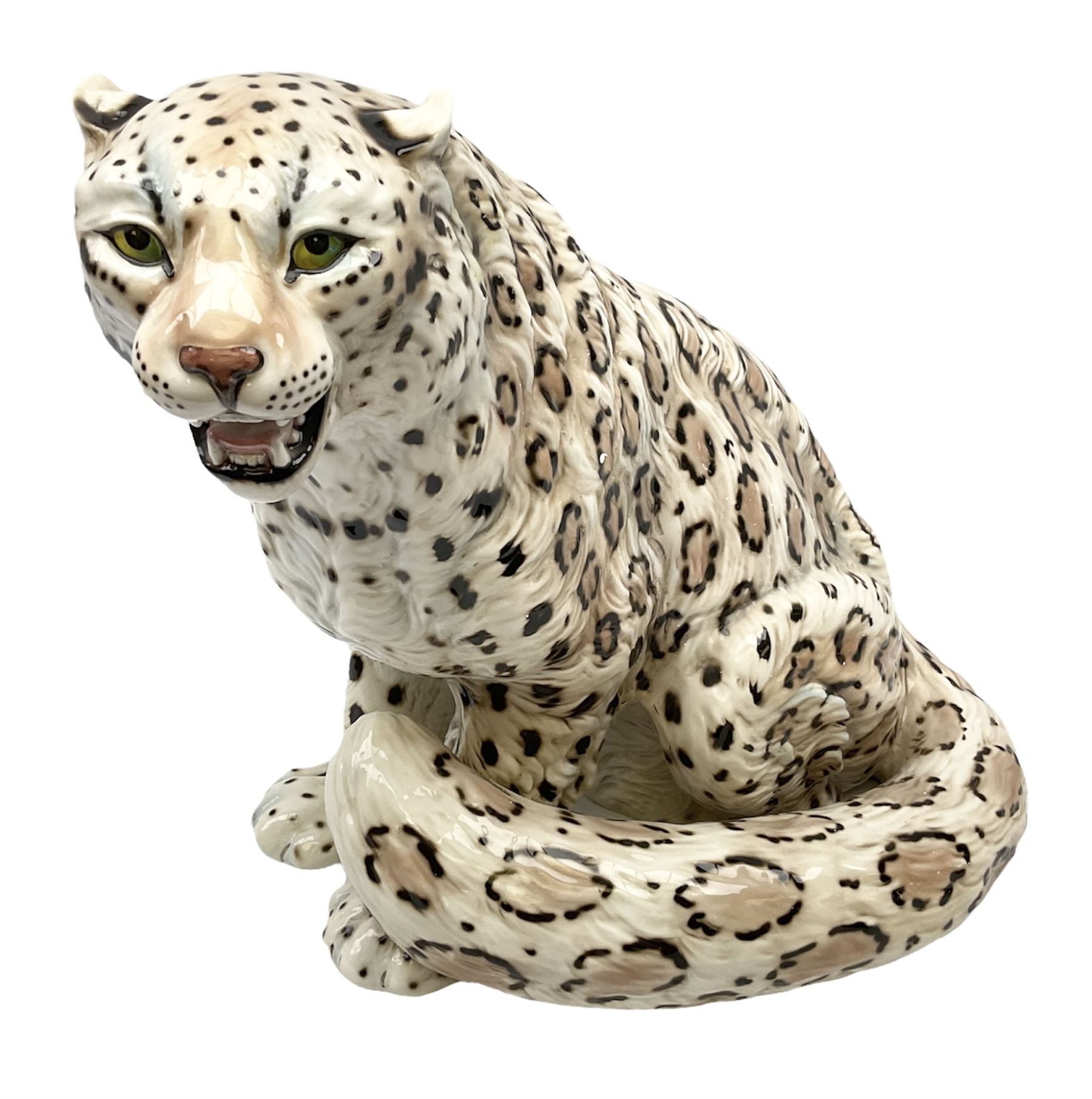 Ronzan fireside model of a snow leopard, with printed mark beneath, H38cm 