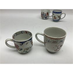 Two 18th century Chinese Yongzheng coffee cups, the first example decorated in polychrome enamel with rooster amidst blossoming peonies, the second decorated with deer and crane among rockwork and pine tree, together with two further 18th century Chinese coffee cups, an 18th century Chinese tea bowl, and a further tea bowl