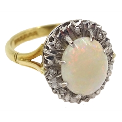  18ct gold opal and illusion set diamond cluster ring, hallmarked  