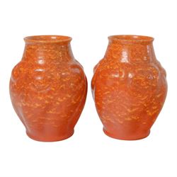 Pair of Pilkingtons  mottled orange vases, of baluster form, with impressed mark beneath, H18cm
