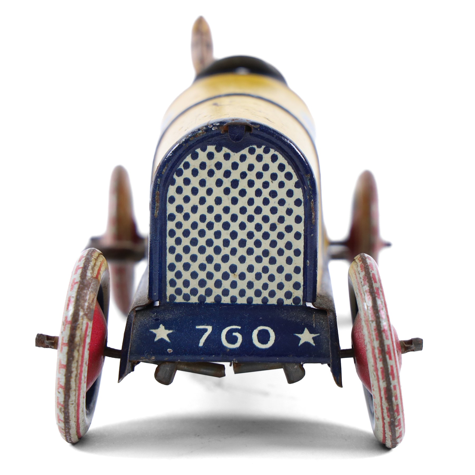 Early 20th century Lehmann tinplate clockwork 'Galop' no.760 racing car, yellow with blue stripes, driver and lithographed details, H6cm, L14cm