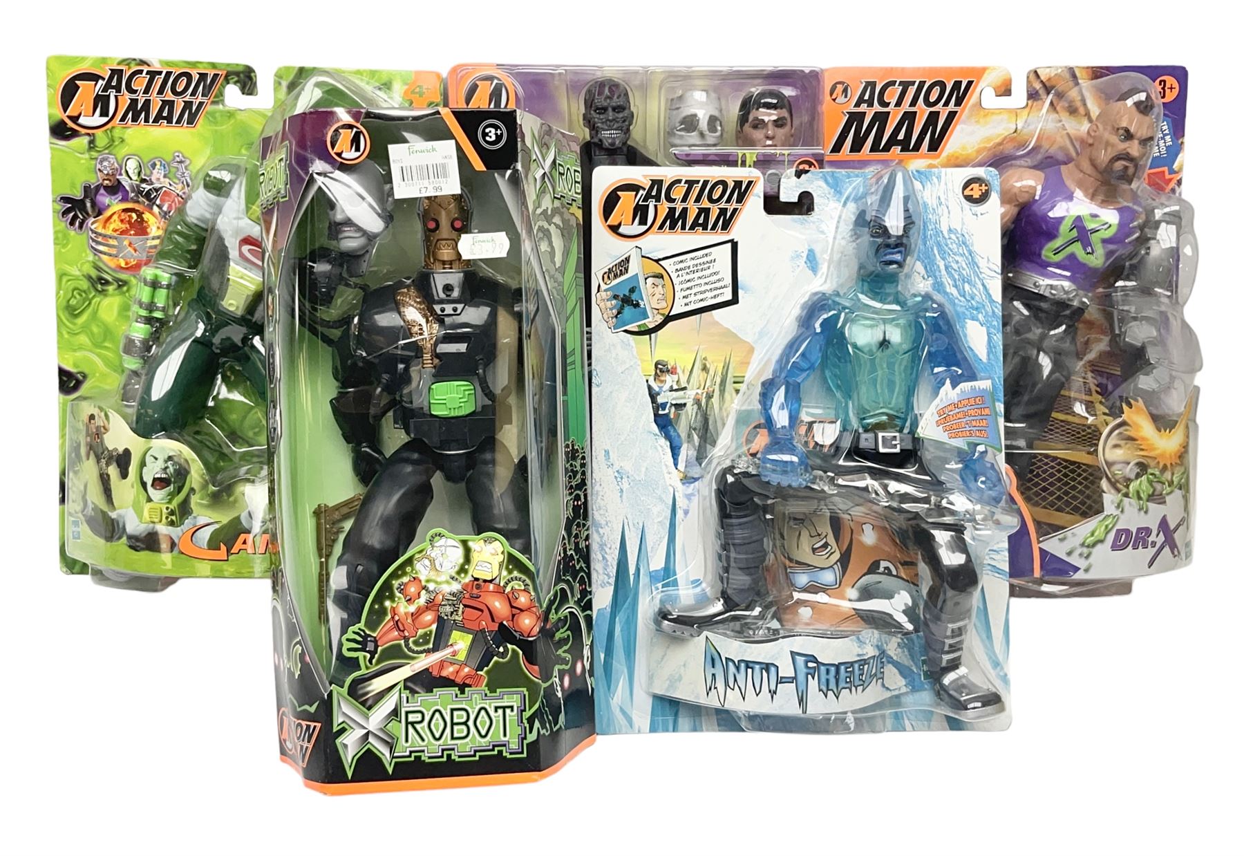 Five modern carded/boxed Action Man figures - Dr. X, Prof. Gangrene, Robot, Anti Freeze and No Face (5)
