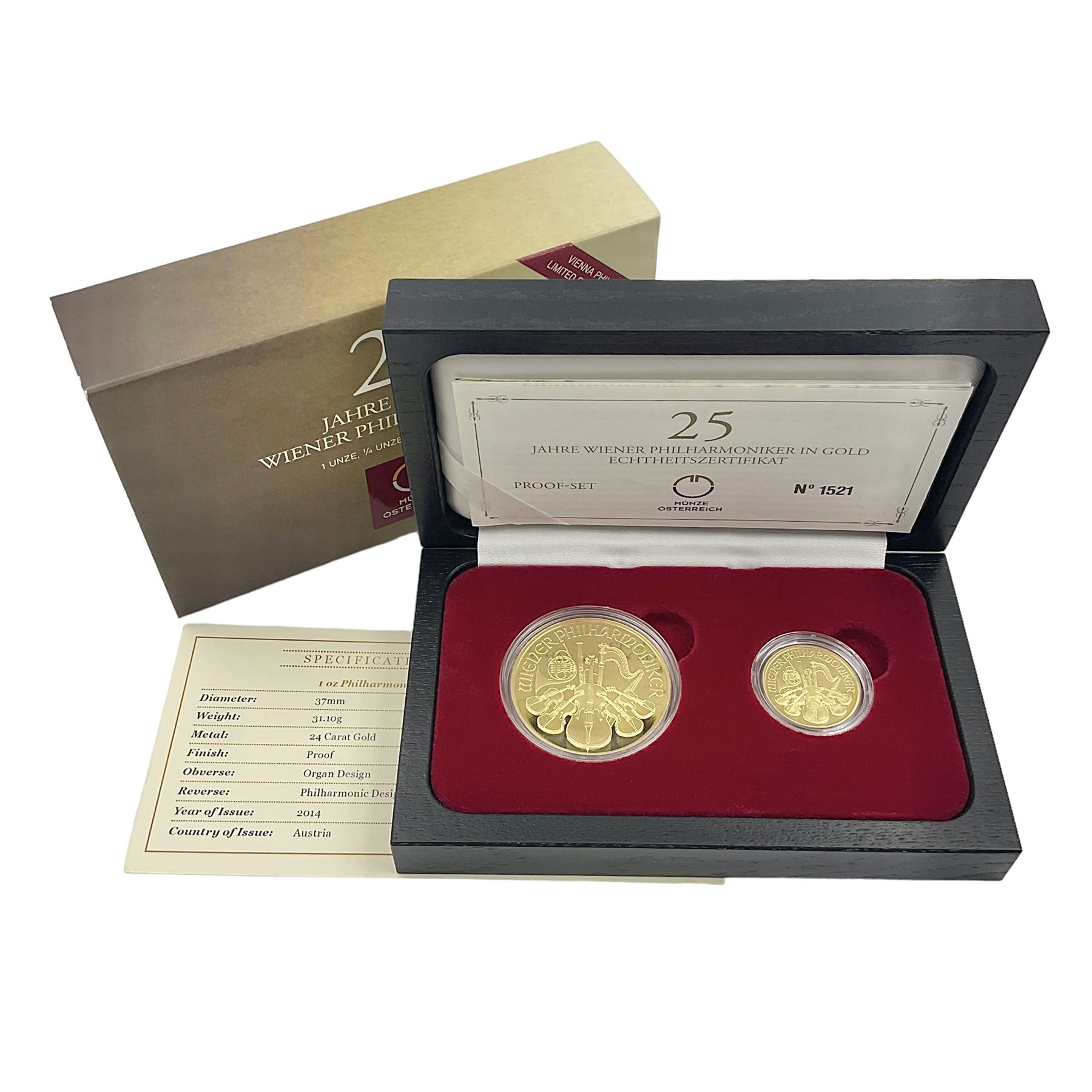 Austria 2014 gold proof two coin set, comprising one ounce fine gold one-hundred Euro and quarter ounce fine gold twenty-five Euro coins, cased with certificate
