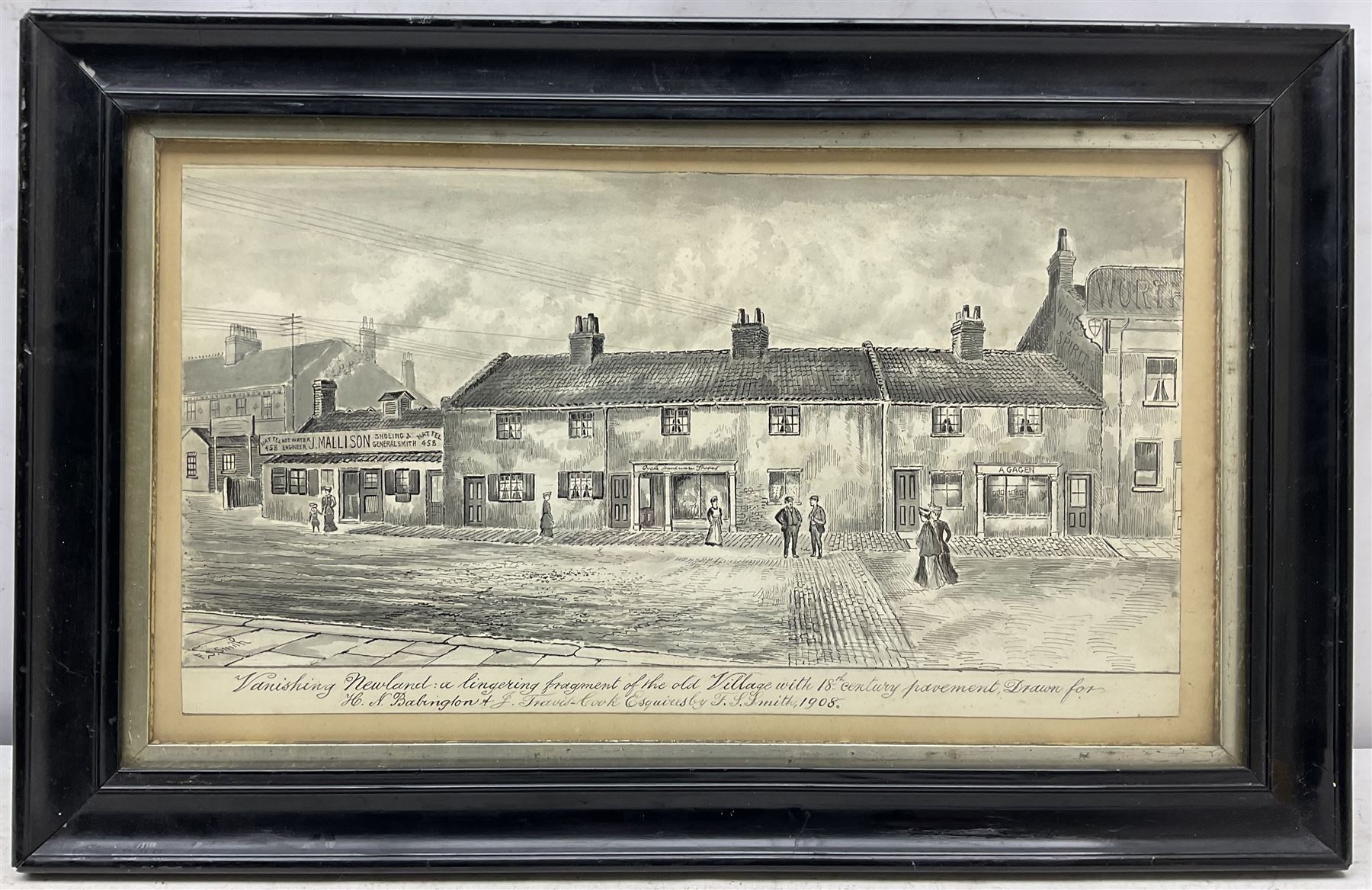 Frederick Schultz Smith (Hull 1860-1925): 'Vanishing Newland' - Hull Street Scene, monochrome watercolour and ink signed, titled extensively inscribed and dated 1908 along the bottom edge 22cm x 40cm 
Notes: Born in Worthing, Sussex in 1860, F S Smith came to Hull as a small child and lived most of his life in the old St. John's Wood area in west Hull; he was still drawing in his sixties shortly before his death in 1925. Much like his near contemporary and fellow Yorkshire artist Albert Thomas Pile (1882-1981), his drawings are visual 'snapshots' in time, often produced to record buildings that were due to be demolished. Smith was commissioned to produce around three hundred drawings for C E Fewster, a paint maker in Hull who collected historical records. Some were also used as illustrations in books and newspapers, such as the Eastern Morning News, whilst others were sold to the owners of premises which he had drawn.