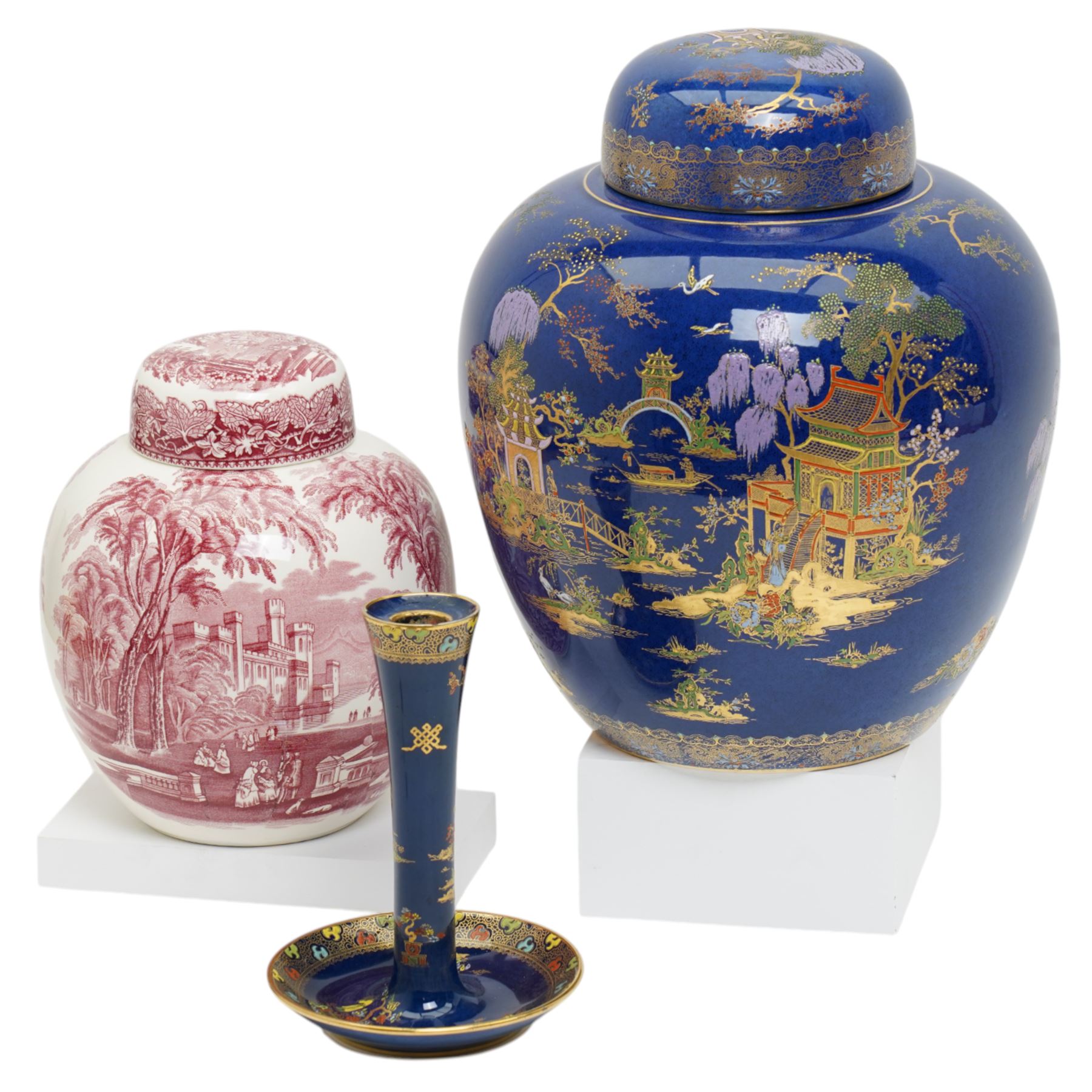 Large Carlton ware ginger jar and cover decorated in the New Mikado pattern on a blue ground H33cm, matching candlestick and a Masons Ironstone pink Vista pattern ginger jar and cover H23cm