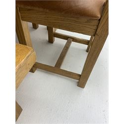 Light oak rectangular extending dining table, square supports (L140cm, W90cm, H80cm), together with matching bench, (L180cm), and two chairs, upholstered with tan leather seats, square supports (W48cm)