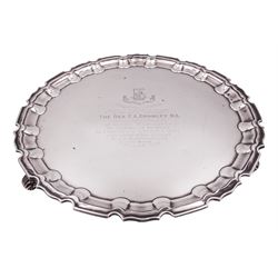 Edwardian silver salver, of circular form with pie crust or Chippendale type rim, the centre engraved with personal inscription, upon three scroll feet, hallmarked William Hutton & Sons Ltd, London 1904, D26.5cm, approximate weight 23.31 ozt (725.1 grams)