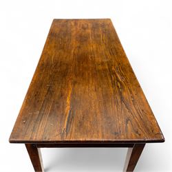 19th century provincial elm and oak farmhouse table, rectangular plank top above two frieze drawers fitted with turned wooden knobs, raised on square tapering legs