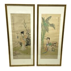 Japanese School (20th century): Young Women in the Garden, pair watercolours on silk signed with artists seal and signature 59cm x 23cm (2)