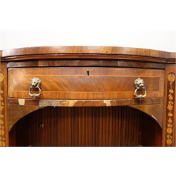 Sheraton style mahogany serpentine sideboard, inlaid with flowers, brass lion mask handles, on square supports, W153cm, H94cm, D66cm   