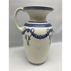 Early 20th century Wedgwood Etruria Athens pattern four piece blue and white wash set, comprising bowl, jug, toothbrush holder and soap dish, all with blue printed marks beneath, bowl D40cm