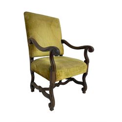 Early 20th century Carolean design mahogany framed throne chair, back and sprung seat upholstered in sage green fabric, scrolled amd reeded arms with carved oak leaf design, shaped supports with scroll feet united by waived stretchers