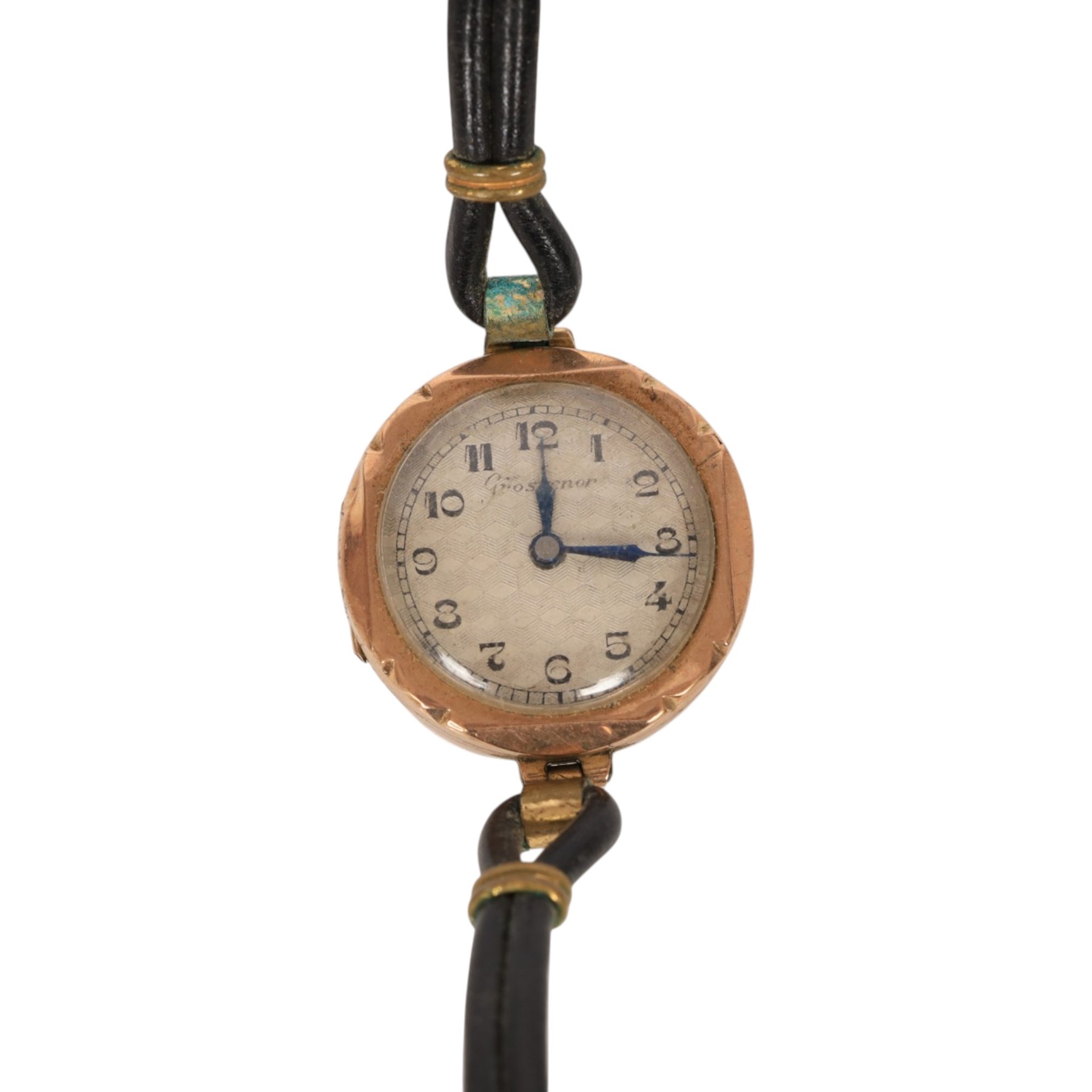 Five 9ct gold manual wind wristwatches, one on a 9ct rose gold expanding bracelet and an 18ct gold manual wind wristwatch, on brown leather strap