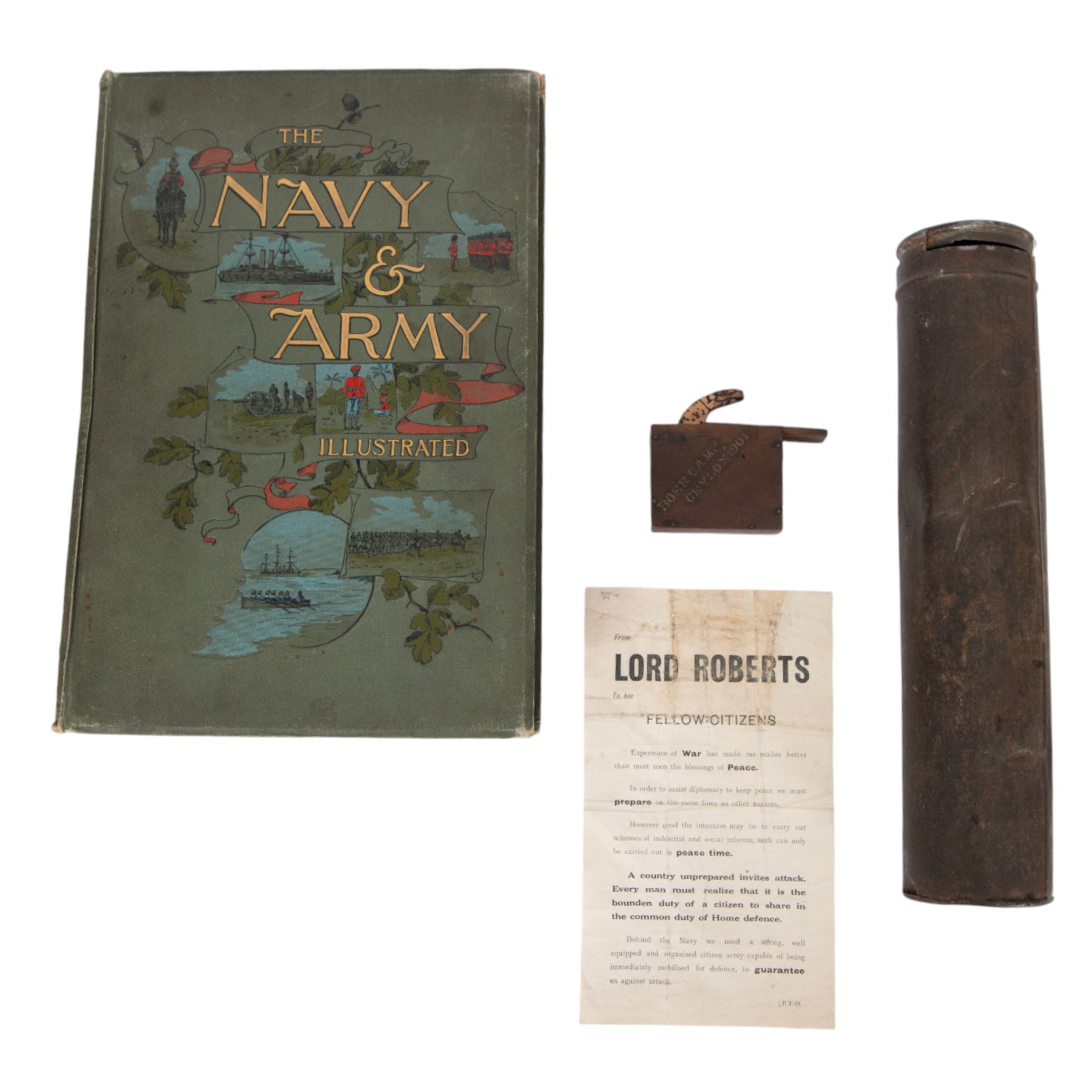Boer war; Huntley & Palmers biscuit tin, used as a telescope holder, POW snake in a box marked Boer Camp Ceylon 1901, Boer War  leaflet, together with two volumes of Navy and Army Illustrated   