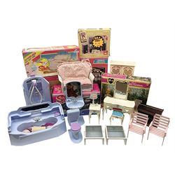 Sindy - furniture and accessories comprising dining suite with separate dresser; two beds; Garden Set; Music Centre; all  boxed; three-piece bedroom suite; settee; Hostess Trolley; two coffee tables; and four-piece bathroom suite including shower cubicle