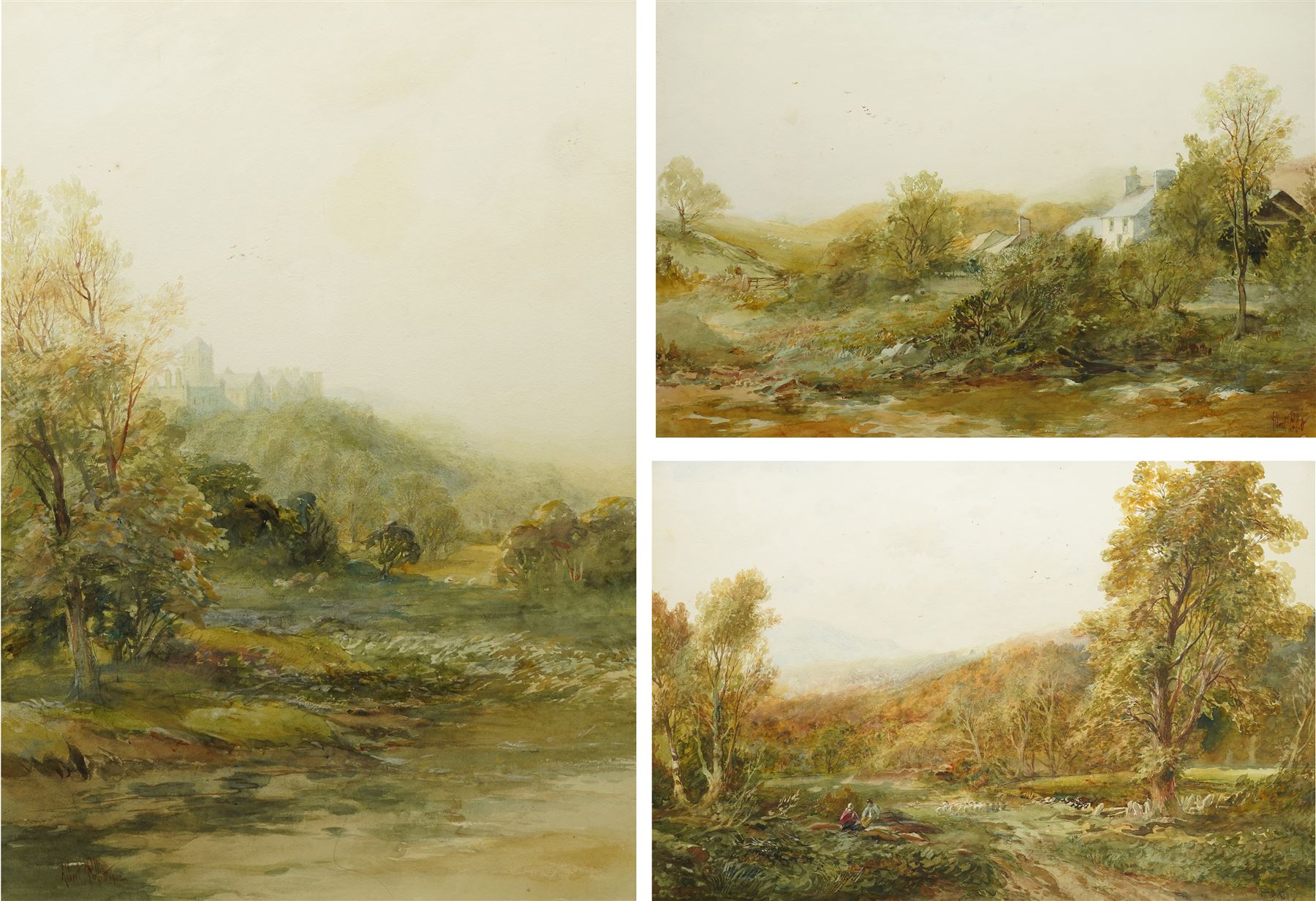 Albert Pollitt (British 1855-1926): Farmstead and Sheep Flock and Castle on the Hill, set three watercolours signed, two dated 1912, max 60cm x 44cm (3)