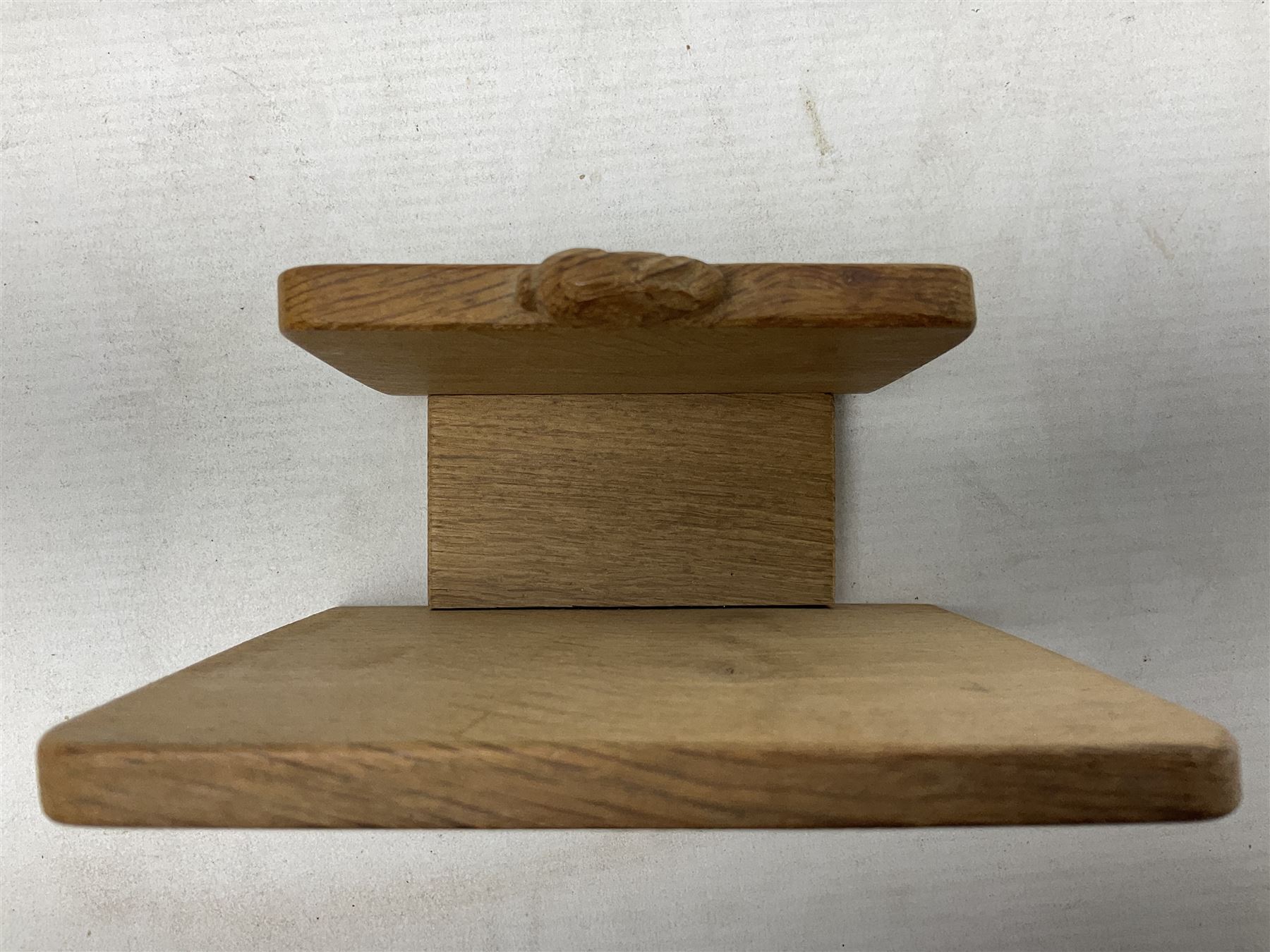 'Rabbitman' oak letter rack of two graduated square panels on a slab base, with carved with rabbit signature, by Peter Heap of Wetwang, H12cm