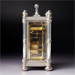 Chas Frodsham, London - Miniature carriage clock with white dial in engraved silver case on compressed bun feet, London assay H10cm 