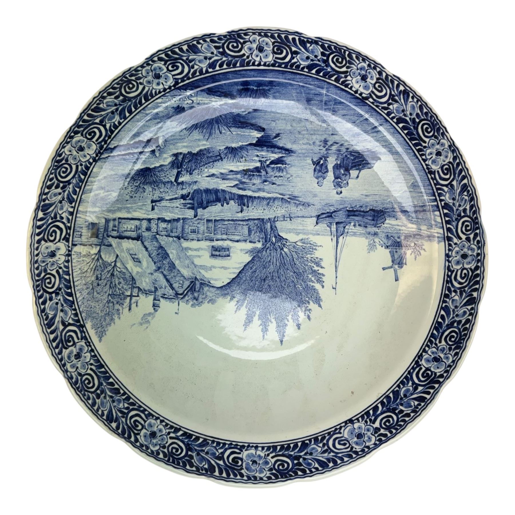 Ten Delft and similar chargers, including Delfts Blauw and Boch examples, largest D40cm