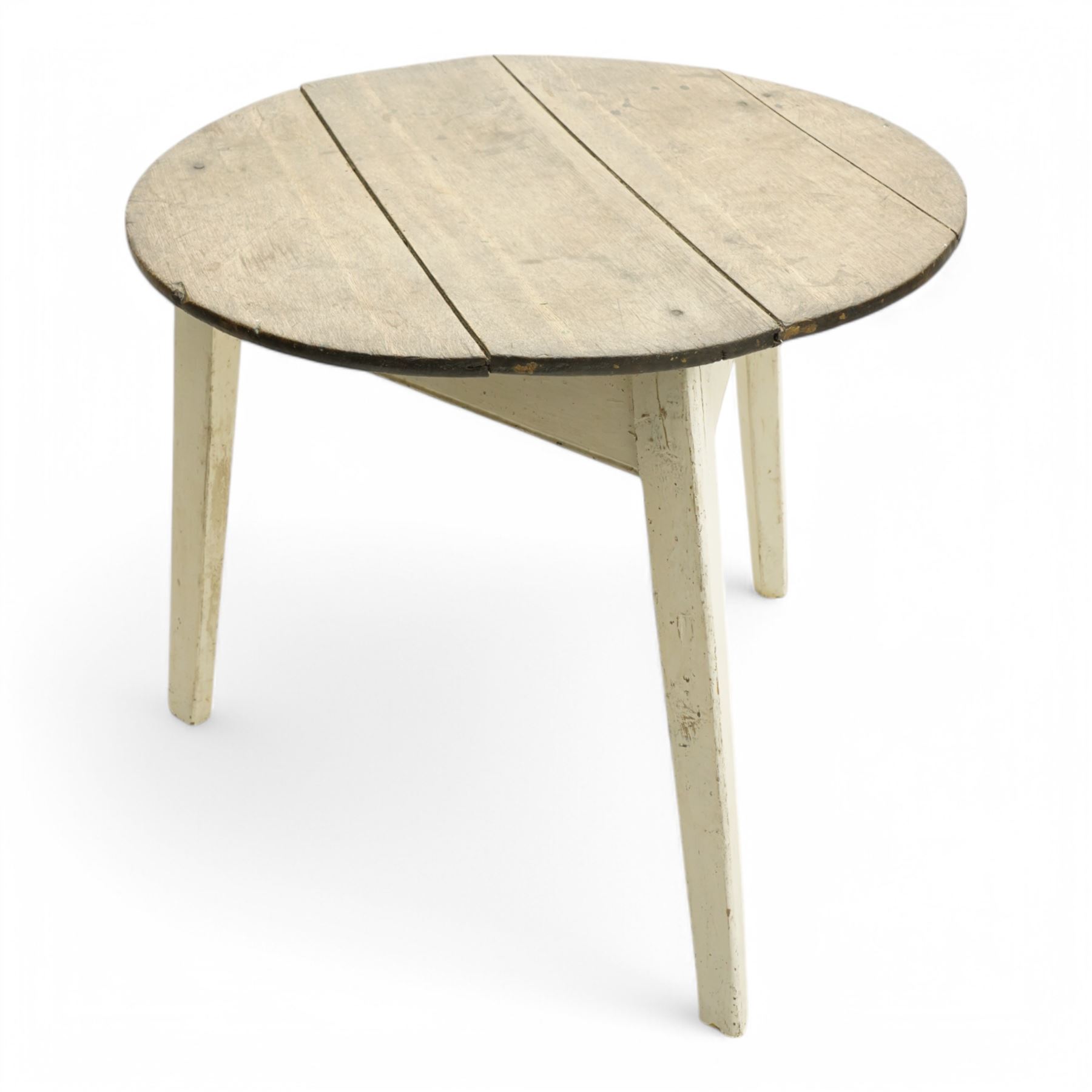 19th century oak and pine cricket table, circular plank top on painted base, tapering supports