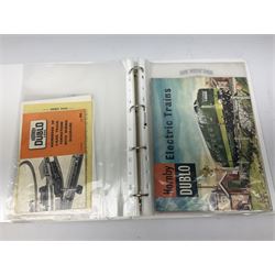 Hornby Dublo - loose leaf binder containing 1950s/60s ephemera including Rail Layout booklets, 4th edition catalogue, 1956 price list, 1952 Meccano booklet etc; Hornby Dublo Technical Manual 2019; Companion Series Vols 4 & 5; 2008 70th Anniversary Magazine with Supplements etc
