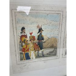 Early 20th century humorous military colour print entitled 'Reconnoitring' depicting three titled images 'Past', 'Presently' and 'Present'; published 1907 and signed on the mount by the artist C.S. Collison 38 x 73cm; Hogarth style frame
