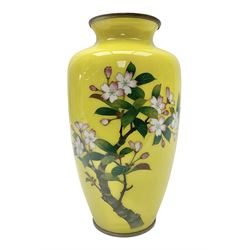 Japanese Sato Cloisonne vase, decorated with cherry blossom on  a yellow ground, marked beneath, H19cm