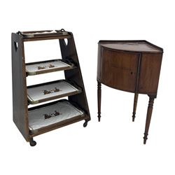 Mid-20th century mahogany four-tier serving tea trolley, heart-shaped cutout handles, on castors (H79cm, W55cm); Georgian mahogany corner washstand with single cupboard, raised on turned supports (H70cm, W54cm)