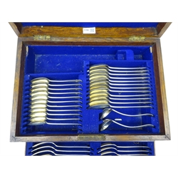 Edwardian part canteen of silver rat tail cutlery by Josiah Williams & Co, London 1909, comprising twelve large soup spoons, ten dinner forks, eleven dessert spoons, ten dessert forks and two sauce ladles approx 86oz in oak canteen box  