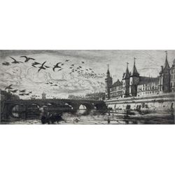 Charles Meryon (French 1821-1868): Le Pont-au-Change (The Exchange Bridge) - Paris, drypoint etching inscribed in the plate 14cm x 32cm