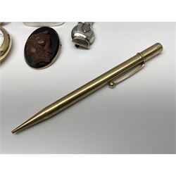 9ct gold pencil, London 1946, gold-plated lever pocket watch by Waltham, 14ct gold mounted cameo brooch, gold-plated propelling pencil by Sampson Mordan & Co, silver pill box and one other silver brooch
