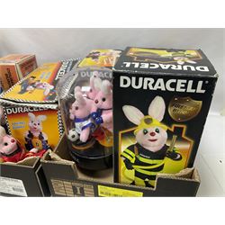 Collection of Duracell Bunny collectibles to include Racing Bunny, Fireman Bunny, Dancing Bunny etc in original boxes; Bandai collectable characters, Gremlins 2 Gizmo plushies from Applause, further soft toys and collectables etc, in three boxes 