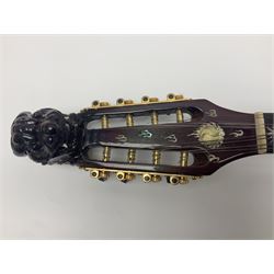 Chinese F-hole eight-string mandolin with sunburst finish, mother-of-pearl inlay of dragons chasing the flaming pearl and dragon carved headstock L71cm