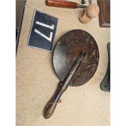 Avery Brass balance scales with weights on wooden plinth, Cannon grinding wheel, wheelwright's wooden traveller etc