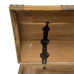 19th century painted oak sea chest, hinged dome top enclosing small compartment, bound by shaped and pressed metal strapwork, scumbled finish to resemble oak and painted with small vignettes depicting portraits and landscapes within panels, fitted with large wrought metal carrying handles, the front inscribed 'H.J.S. 1870' 